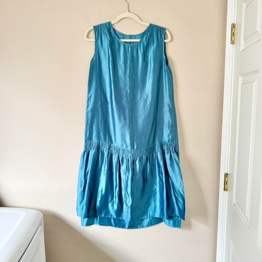Vintage Silk Drop Waist Dress flapper teal blue AS IS small - med antique